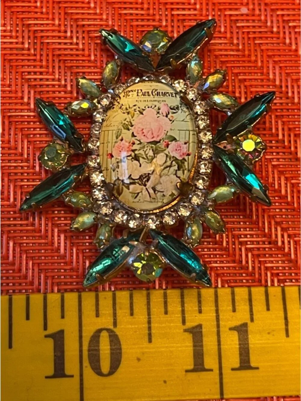 Vintage Czech Paul Charvet Floral Glass Brooch With Emerald Green Rhinestones Pi